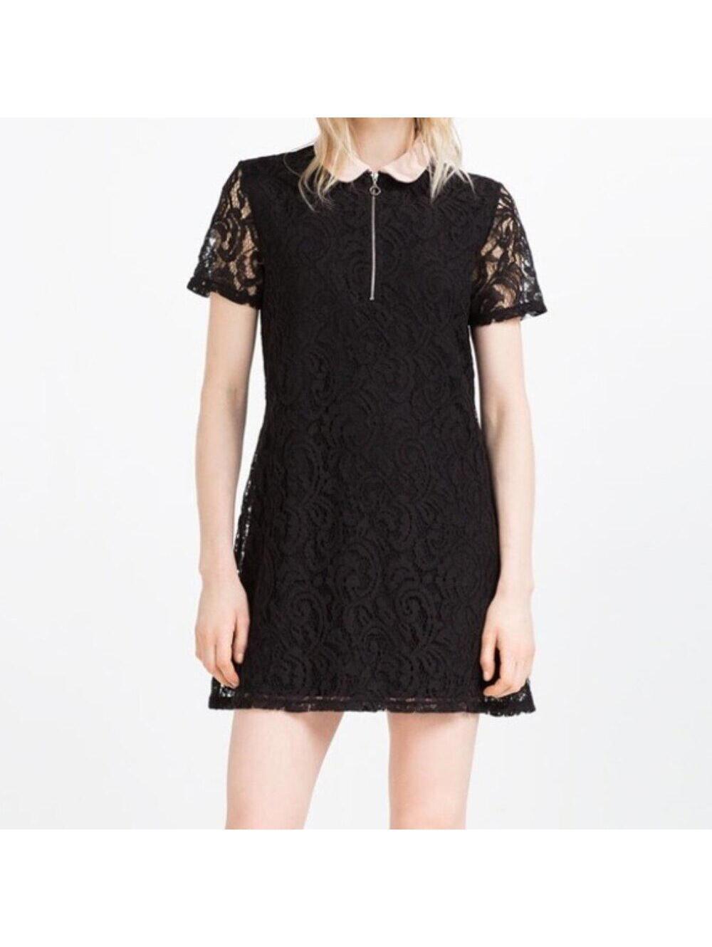 Zara Zip Black Guipure Lace Collar Dress